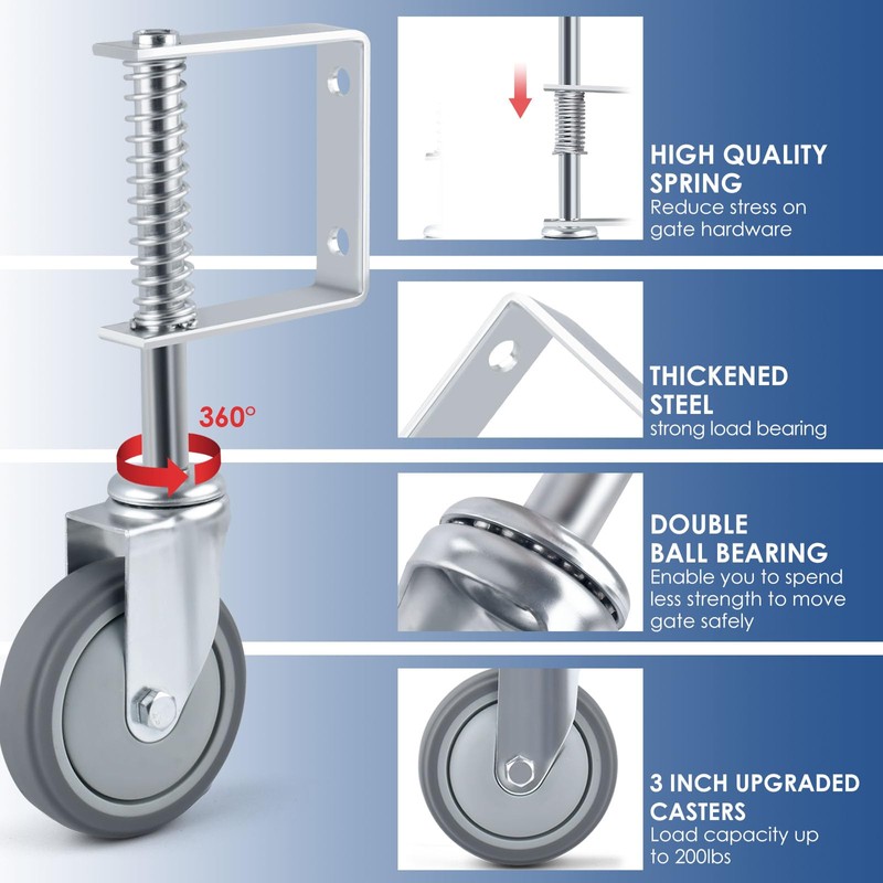 ERKOON 2 Packs Heavy Duty Gate Wheel Spring-Loaded Gate Casters,