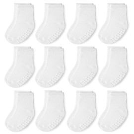 JAKIDAR 12 Pack Baby Toddler Socks Non Slip Grip Cotton Crew Socks for Boys Girls Infants Kids, White, 6-12 Months