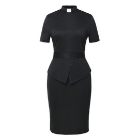 BLESSUME Church Women Clergy Tab Collar Dress Black Mass Bodycon Pencil Dress Short Sleeve