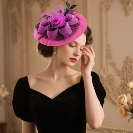 DRESHOW Mesh Flower with Pearl Feather Fascinators Hat on a Headband and a Forked Clip Cocktail Tea Party Headwear for Girls & Women Noble Kentucky Hat