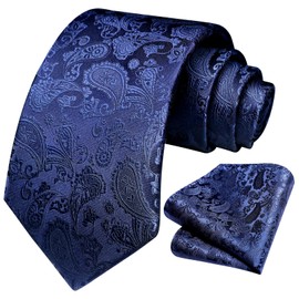 HISDERN Navy Blue Mens Tie Paisley Floral Ties for Men Solid Formal Handkerchief Men's Neckties and Pocket Square Set Classic Tuxedo for Wedding