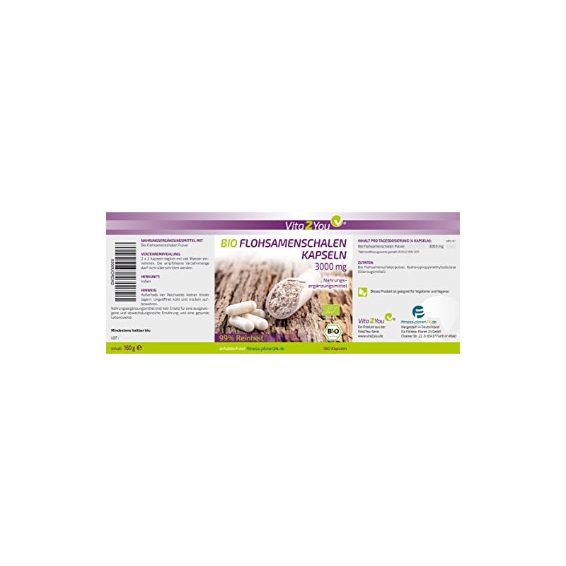 Vita2You Psyllium Husks Organic Capsules 3000 mg - 180 Capsules