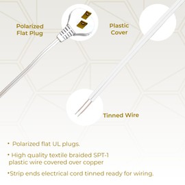 Royal Designs Lamp Cord Flat Plug, Stripped Ends Ready for Wiring, 8 ft long, White, SPT-2 UL Listed