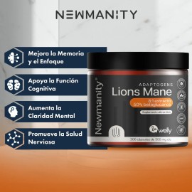 Lions Mane Melena De Leon 81 Extracto Newmanity 300 Caps Sin Sabor                                                                                    
