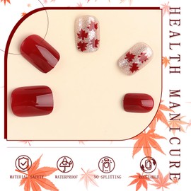 BFY Fall Press on Nails Short Square Fake Nails, Red Maple Leaf Silver Glitter Acrylic Nails, Natural Fit Glossy Gel Manicure Stick on Nails with Glue, Thanksgiving False Nails Kit 12Sizes 24Pcs