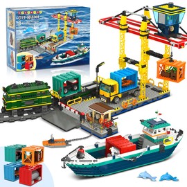 HOGOKIDS City Wharf Building Set with Crane - Includes Ship Train Truck, 4 Containers with Cargo Harbor Building Blocks | Large Construction Toy for for Adults Teens Kids Girls Boys 6-14+（1373PCS）