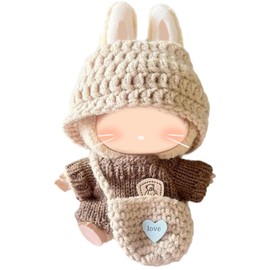 3-Piece Knit and Plush Doll Outfit Set for 17cm Collectibles - Handmade Crochet Set (Hat+Sweater+Bag) - No Doll Included