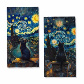 LXCSBD Black Cat Starry Night Bath Hand Towels Absorbent Anime Cartoon Cute Cat Bath Hand Towels for Bathroom Home Hotel Spa Gym Yoga Nautical Beach Bathroom Decor Gifts for Women Man 14"x28"