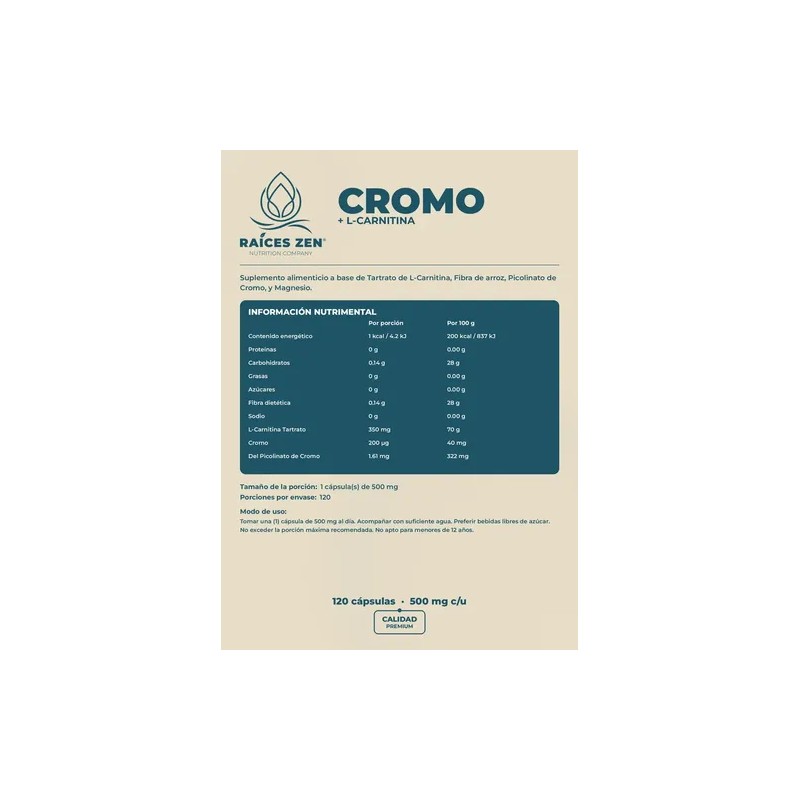 Picolinato De Cromo L-carnitina Raíces Zen 120 Cáps Chromium Sin