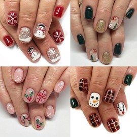 96Pcs (4 Packs) Christmas Short Press on Nails Cute Fake Nails with Xmas Glossy Designs Acrylic False Nails Short Square Glue on Nails Christmas Nails Press on 12 Sizes-4 Styles for Women Girls