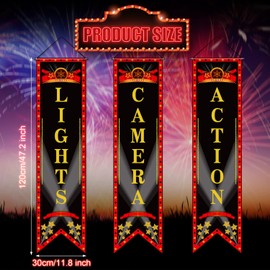 Movie Night Porch Sign Banner Movie Theme Party Decorations Movie Theater Welcome Now Showing Lights Camera Action Hanging Porch Sign for Home Film Backdrop Party Supplies (Delicate Style, 3 Pieces)