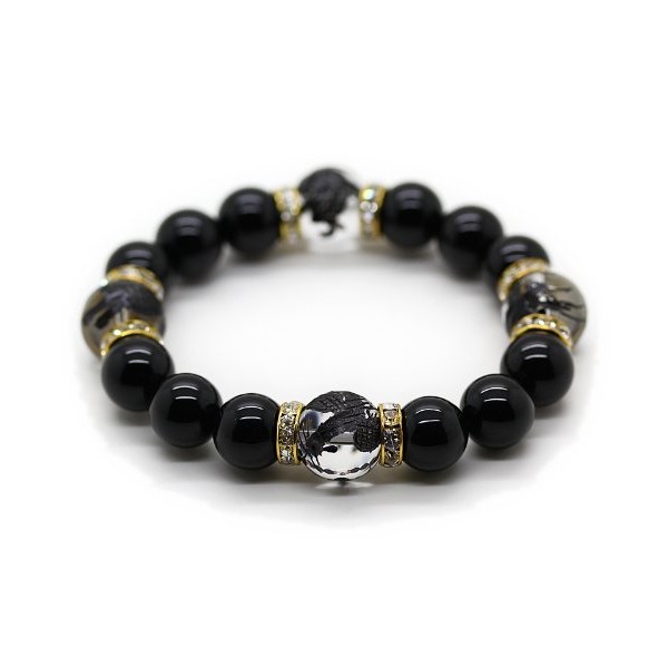 [Shikui] Natural Stone Black Carved Four Beast Crystal 0.6 inch (14 mm) Onyx 0.5 inch (12 mm) Gold Rondelle Power Stone Prayer Beads Bracelet [b342], Stone, Onyx