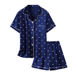 Schbbbta - Pijama de satén para mujer, 2 piezas, ropa de dormir de seda, para niños, regalo para mamá y yo, Lunares azul marino, 9-10 Años
