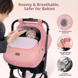 Bioby Winter Baby Car Seat Cover, Infant Car Seat Cover for Boy Girl, Roomy, Cozy, Warm, Waterproof Baby Carseat Covers Canopy with Thickened Fleece Lining, Breathable Hole, Universal Fitted Pink