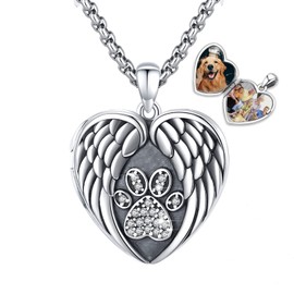 Locket Necklace for women that hold pictures dog pet cat heart locket necklace paw print locket necklace Wings Photo Lockets pendant with double picture inside women's lockets female small metal heart
