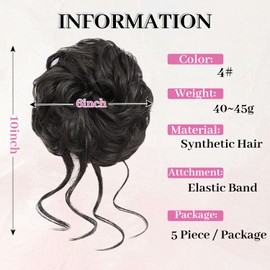 Elvirgel Pack of 5 Messy Hair Chun Scrunchies Extensions, Curly, Wavy, Synthetic, Messy, for Women, Updo Hairpiece (4#)