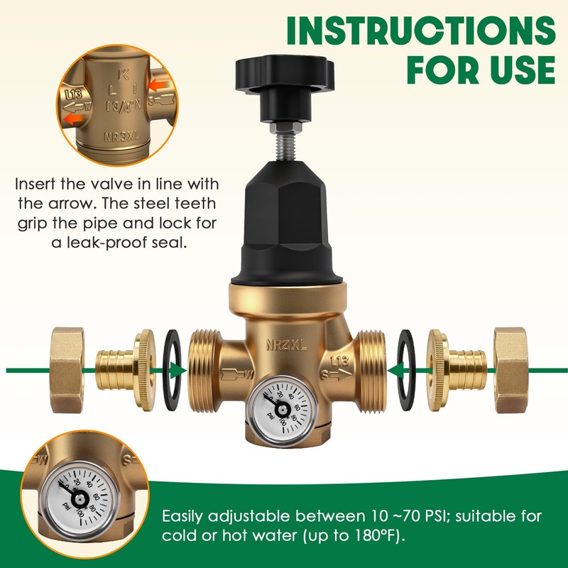 Upgraded 3/4" Water Pressure Regulator, FNPT Double Union, Polymer, Visual