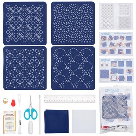 FREEBLOSS Set of 4 DIY Sashiko Coaster Set, Water Soluble Embroidery Pattern, Thimble Sewing Kit, Complete Embroidery Set Including Sashiko Yarn, Set for Making Coasters Made of Needles and Fabric