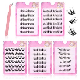 FREEORR 180Pcs Self Adhesive Eyelashes Kit，Five Types of Self Stick Eyelash, Reusable Self-adhesive Lashes, No Glue, D Curl Eyelash Extensions, Wispy Spiky Individual Lashes Kit with Tweezers