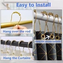 AmazorHome Shower Curtain Hooks, Decorative Shower Curtain Rings, Rust Proof Shower Hooks for Shower Curtains, Bathroom Shower Rods, Set of 12 (Gold)