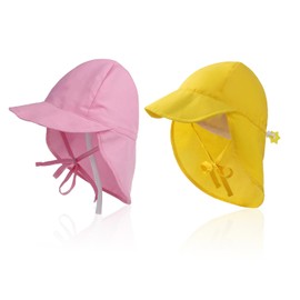 TYGFRT Pack of 2 Children's Sun Hat, Foldable Sun Hat, Uv Protection, Fishing Hat, Elastic Adjustable Sun Hat, Breathable and Comfortable Beach Hat (Pink, Yellow)