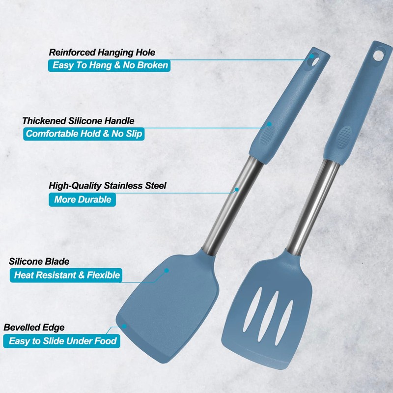 2 Pack Spatulas, Solid & Slotted Silicone Spatula Set, Stainless
