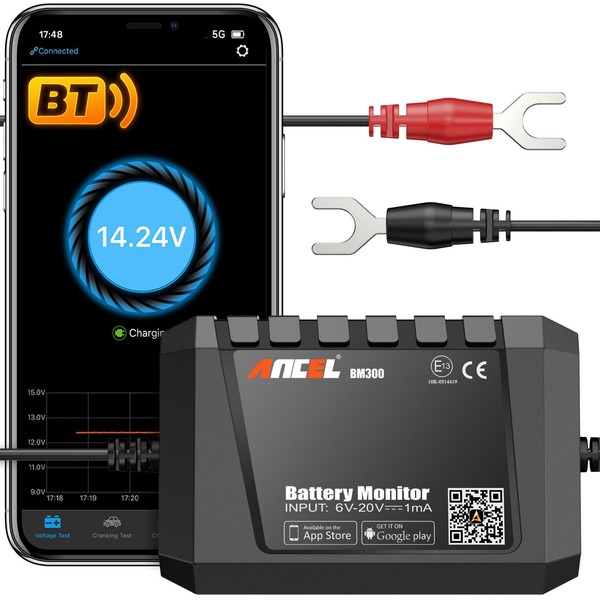 ANCEL BM300 12V Battery Monitor - Bluetooth 4.0 Automotive Voltmeter with Charging, Cranking System Test & Alarm - Compatible for Solar Power Systems, RVs, Motorcycles, Boats, Cars, and Trucks