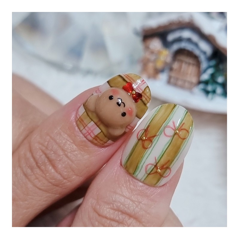 Century Bear and Burgundy Ribbon Handmade Nail Tips - Petit
