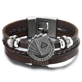 Ace Card Poker Spade Sequence Bead Charms Multi-Strand Brown Braided Leather Wrap Wristband Bracelet(CA)