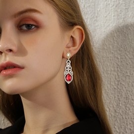 BriLove Ruby Color Chandelier Earrings Crystal Art Deco Teardrop Hollow Pierced Dangle for Women's Wedding Bridal Gold-Tone