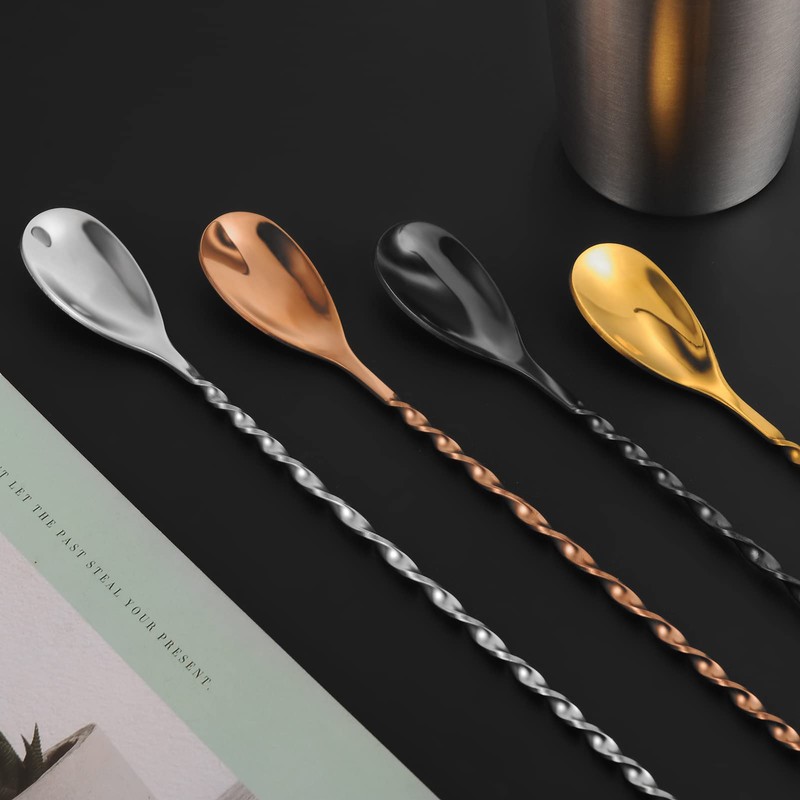 AnSaw Gold 10-Inch Stainless Steel Cocktail Spoon with Leaf Handle