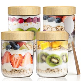 YOSMOET 16oz Overnight Oats Containers with Bamboo Lids, Glass Jars with Airtight Lids, Wide Mouth Mason Meal Prep Jars, Food Storage Container for Yogurt Salad Chia Pudding Snacks Spice Sugar,4 Pack