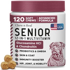 12-in-1 Multivitamin for Senior Dogs - 120 Senior Dog Vitamin and Supplement Soft Chews for Hip and Joint - Advanced Formula with Glucosamine, Omega 3,6,9, Vitamins, Probiotics - Made in The USA
