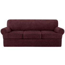 Jcones T Cushion Sofa Slipcover 4 Pieces Sofa Covers for T Cushion Couch Soft Sofa Slip Covers Furniture Protector with 3 Individual T Shape Seat Covers (Burgundy, 3 Cushions)
