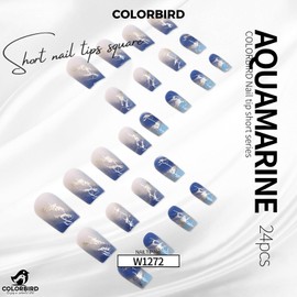 COLORBIRD Nail Tips, Short, 24 Pieces, Blue, Nail Tips, Short, Cute, Square (W1272)