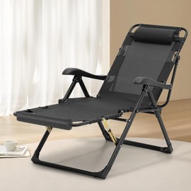 Athena Collection Zero Gravity Outdoor Lounge Chair Recliner, 27" Width Reclining Pool Lounge Lawn Chairs with Headrest Curved Armrest Foot Pad, Outdoor Chaise for Beach Patio Outside, Black