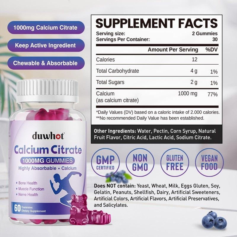 duwhot Calcium Citrate Gummies, Chewable Calcium Citrate 1000mg for Bone,