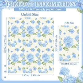 Janlaugh 100 Pcs Blue Hydrangea Napkins 3 Ply Disposable Hand Towels for Bathroom Paper Napkins Floral Green Leaf Guest Decorative Paper Hand Towels for Bathroom Tea Party Wedding Dining Decor