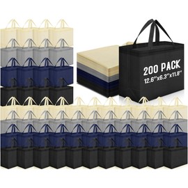 Windyun 200 Pcs Reusable Grocery Bags 12.6 x 11.8 x 6.3 Inches Large Non Woven Shopping Bags Foldable Portable Tote Bags Bulk (Multicolor)