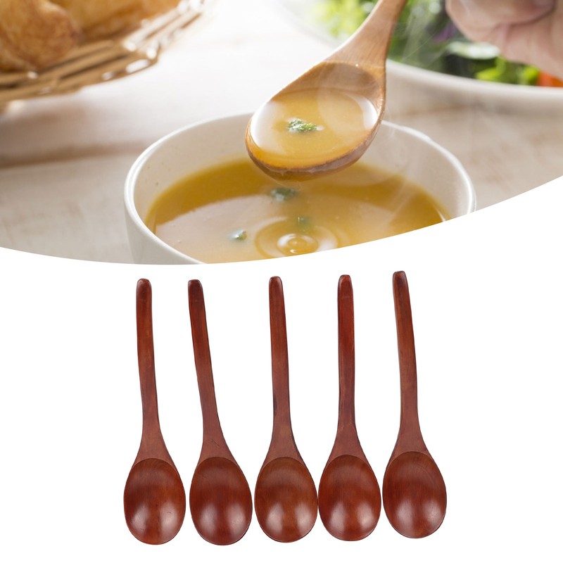 5Pcs Wooden Soup Spoon with Curved Handle Multi Purpose Rice