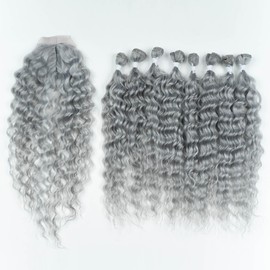 DÉBUT Gray Synthetic Hair 8 Bundles with Simple Closure Water Wave High Temperature Fiber Wavy Hair Weave 9PCS 20 Inches Grey Color 240G