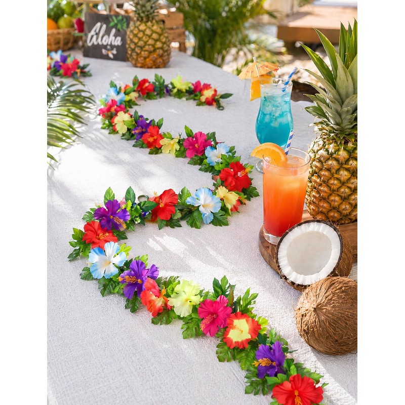 2 Pcs Tropical Hibiscus Flower Garland, 7 FT Artificial Monstera