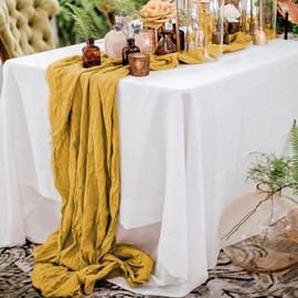 Pesonlook 6 Pack Mustard Cheesecloth Table Runner,10FT Boho Table Runner 35x120 Inch Rustic Gauze Table Runner for Wedding Bridal Baby Shower Birthday Party Table Decorations