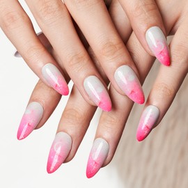 GLAMERMAID Hot Pink Ombre Press on Nails Short Almond, Gothic Pink Crush Nails Medium, Short White Glue on Nails Oval Stick on Fake Nails Gel Set, Glitter Acrylic Stiletto False Nail Kit for Women