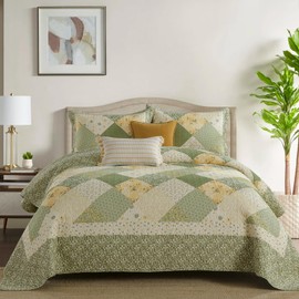 DDUOXIN Floral Queen Bedspread 102"x120" - 100% Cotton Reversible Oversized Quilt with 2 Pillow Shams, Farmhouse Bedspreads Coverlet Set Lightweight Bedding, Green/Cream White, Full/Queen, 3 Piece