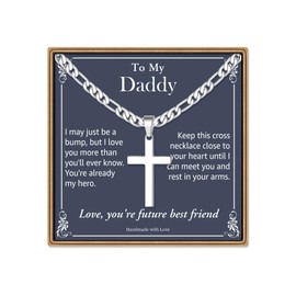 IEFLIFE New Dad Gifts - Silver Figaro Chain Cross Necklace for Men Daddy Necklace Jewelry, New Father Gifts 1st Fathers Dad Gift for Daddy Happy Father Birthday Gift Necklaces