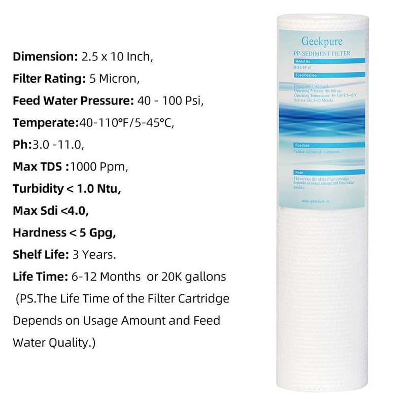 Geekpure 10 Inch PP Sediment Replacement Cartridge for RO Water