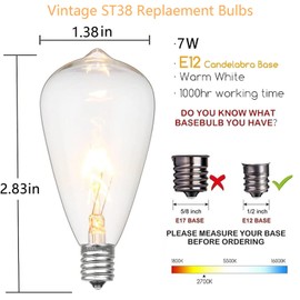 10-Pack Edison Replacement Light Bulbs, 7-Watt E12/C7 Incandescent ST38 Replacement Clear Glass Light Bulbs for Outdoor Patio String Lights, Vintage Light String