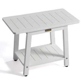 Shower Bench for Inside Shower, HDPS Shower Stool for Shaving Legs, Waterproof White Poly Bathroom Chair Seat, 2 Tier Foot Rest with Shelf & Adjustable Feet, Non-Slip