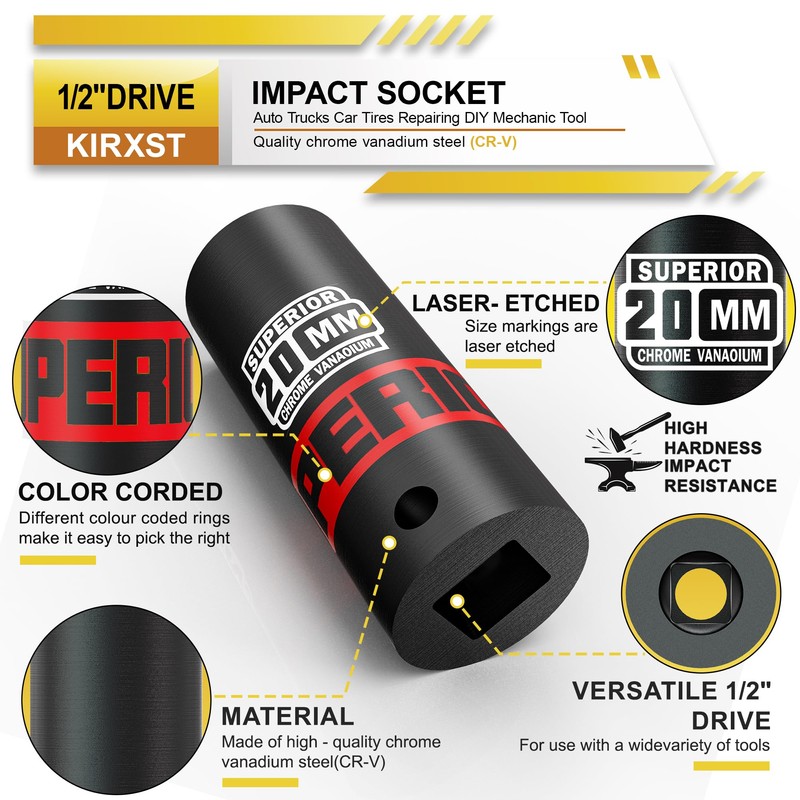 KIRXST Impact Wrench Nuts 1/2 Inch, SW 20 mm Power